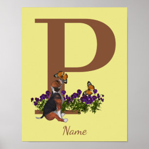 Poster Chiots Beagle Papillons Monogramme Initiale P Nom