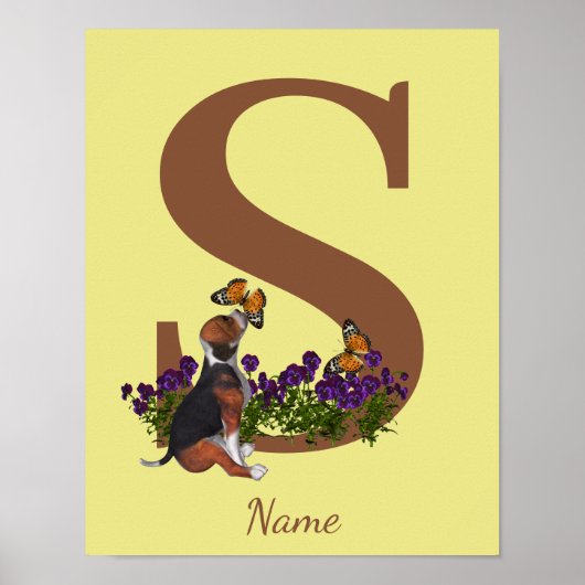 Poster Chiots Beagle Papillons Monogramme Initiale S Nom (Devant)