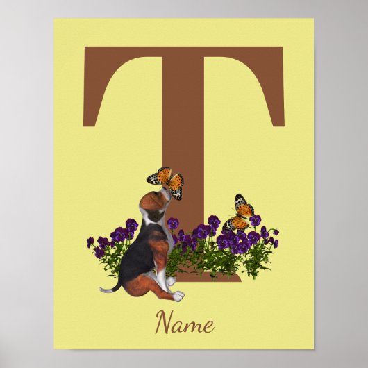 Poster Chiots Beagle Papillons Monogramme Initiale T Nom (Devant)
