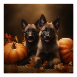 Poster Chiots Berger Belge Délice d'Automne Citrouille