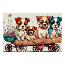 Chiots colorés dans un Wagon