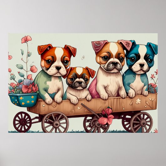 Poster Chiots colorés dans un Wagon (Devant)