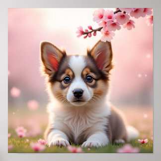Poster Chiots Corgi Réaliste 8K dans les Feuilles d'Érabl