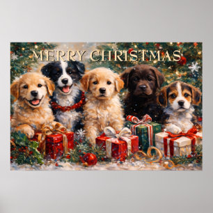 Poster Chiots de Noël avec des cadeaux sous l'arbre décor