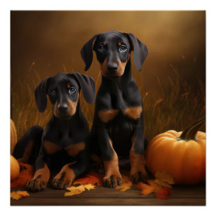 Poster Chiots Doberman Delight automnal Citrouille