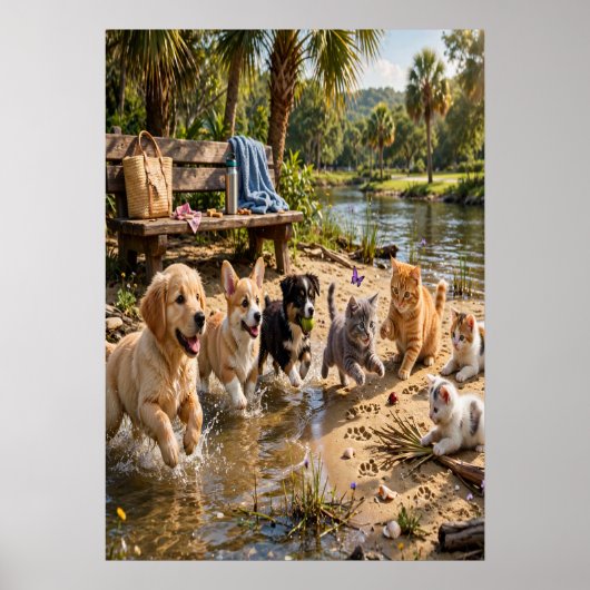 Poster Chiots et chatons mignons Mur bord de rivière  (Devant)