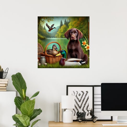 Poster Chiots Labrador au Chocolat au bord d'un Lac avec (Bureau à domicile)