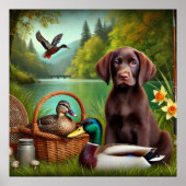 Poster Chiots Labrador au Chocolat au bord d'un Lac avec (Devant)