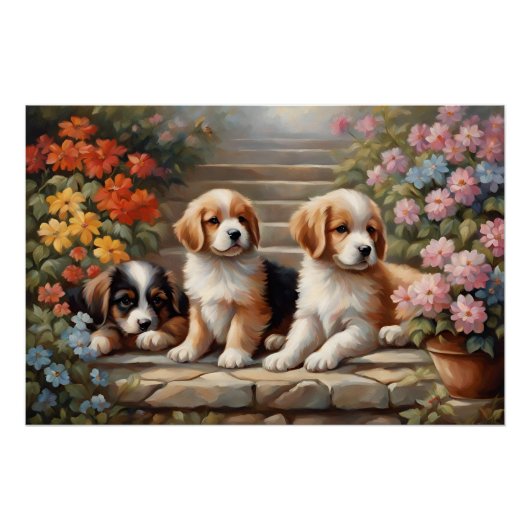 Poster Chiots mignons dans un jardin fleuri (Devant)