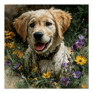 Poster Chiots Retriever doré Prairie de Fleur Sauvage Joi