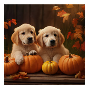 Poster Chiots Retriever du Golden Automne Délice Citrouil