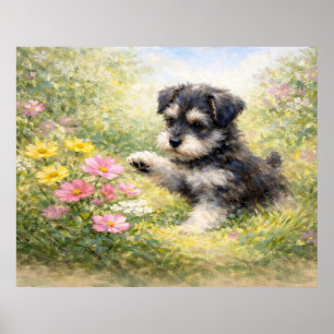 Poster Chiots Schnauzer Fleurs de printemps