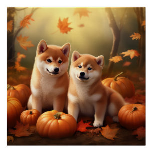 Poster Chiots Shiba Inu Délice d'Automne Citrouille