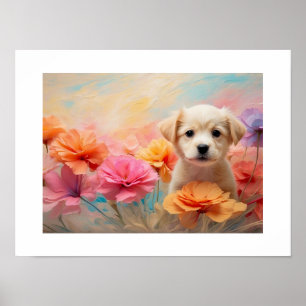 Poster Chiots téléchargeables entourés de fleurs pastel
