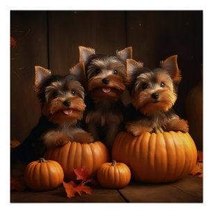 Poster Chiots Yorkshire Terrier Automne Délice Citrouille