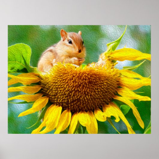 Poster Chipmunk Yellow Sunflower Photo Peinture (Devant)
