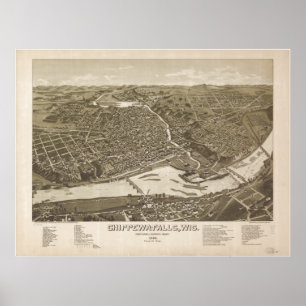 Poster Chippewa Falls WI 1886 Carte panoramique antique