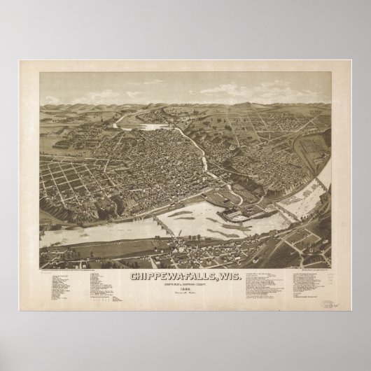 Poster Chippewa Falls WI 1886 Carte panoramique antique (Devant)