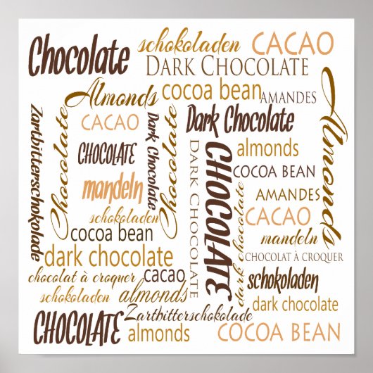 Poster Chocolat, amandes et nuage noir de mot chocolat (Devant)