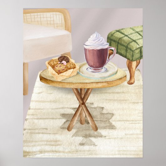 Poster Chocolat chaud et biscuits sur une table en bois (Devant)