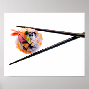 Poster Chopstics noirs à crevettes sushi sur le Japon bla