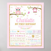 Poster Chouette 1er Anniversaire rose Milestone Statistiq (Devant)
