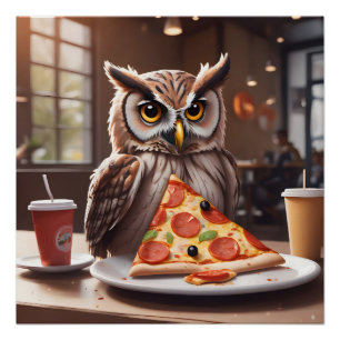 Poster Chouette aimant la pizza au Café