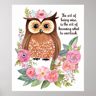 Poster Chouette aquarelle dans le jardin avec de jolies f