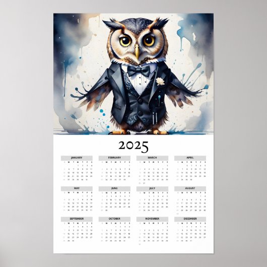 Poster Chouette aquarelle portant un calendrier mural Tux (Devant)