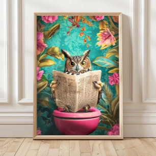 Poster Chouette assise sur des toilettes en train de lire