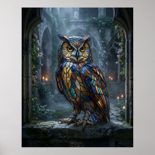 Poster Chouette au vitrail sous clair de lune
