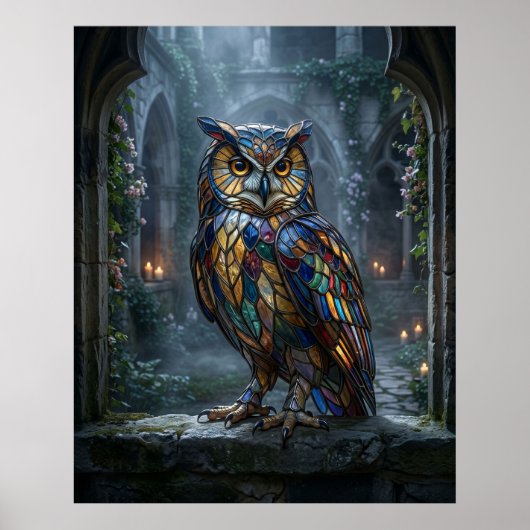 Poster Chouette au vitrail sous clair de lune (Devant)