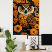 Poster Chouette avec de grands yeux devant les fleurs (Bureau à domicile)