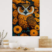 Poster Chouette avec de grands yeux devant les fleurs (Cuisine)