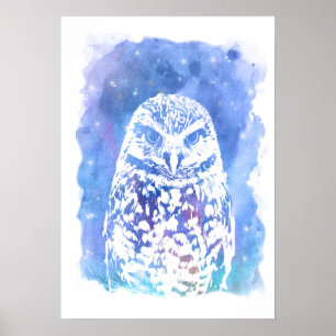 Poster Chouette blanche tendance bleu aquarelle nuit ciel