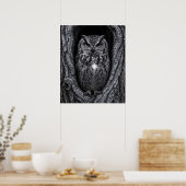 Poster Chouette dans un arbre noir et blanc (Cuisine)
