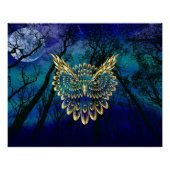 Poster Chouette d'or visage sur la forêt la nuit (Devant)