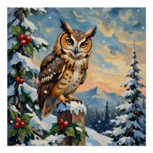 Poster Chouette effraie vintage sur clôture gelée Noël