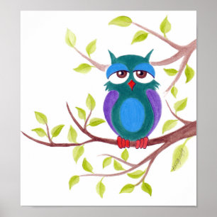 Poster Chouette endormie mignonne sur un arbre Peinture d