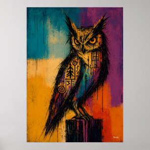 Poster Chouette expressionniste dans des champs de couleu