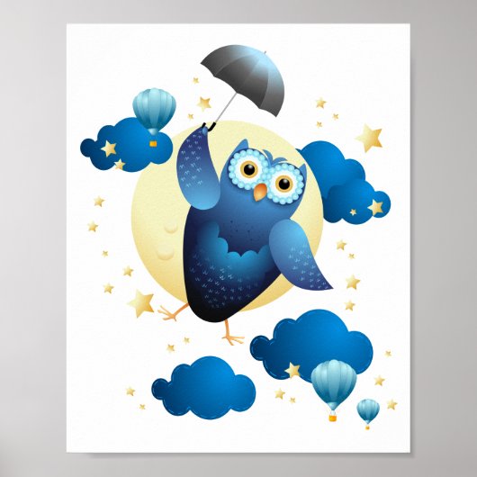 Poster Chouette mignonne volant avec parapluie (Devant)