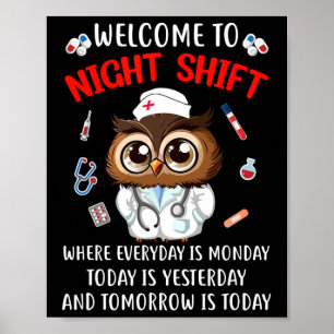 Poster Chouette Nuit Shift Drôle Infirmière Infirmière Rn