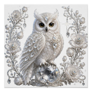 Poster Chouette Perle de Cristal Blanc