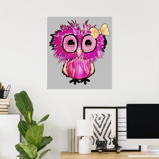Poster Chouette rose mignonne avec arc ruban (Bureau à domicile)