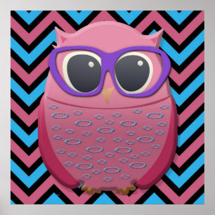 Poster Chouette rose mignonne avec lunettes sur l'affiche
