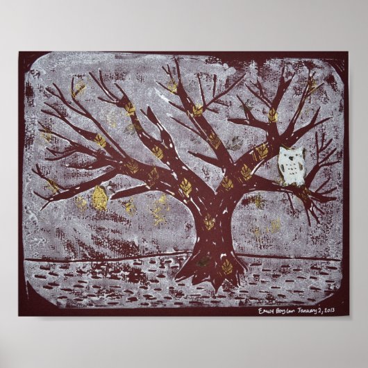Poster Chouette sur un arbre neigeux (Devant)