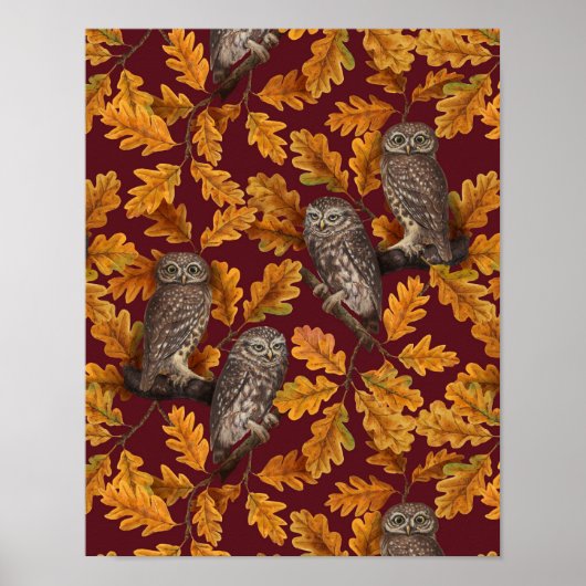 Poster Chouettes d'automne sur rouge foncé (Devant)