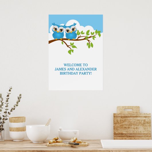 Poster Chouettes jumelles mignonnes sur Branches Garçons (Cuisine)