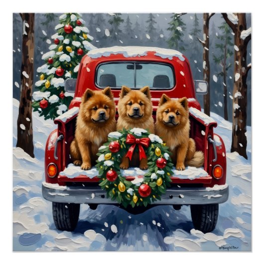 Poster Chow Chow Christmas Red Truck Holiday (Devant)
