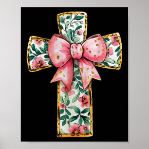 Poster Christian Cross Floral Coquette Bow Pink Religieux